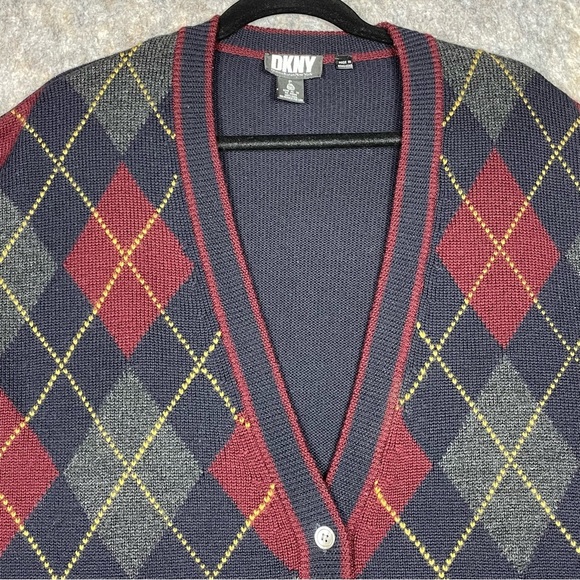DKNY Wool Argyle Preppy Collegiate Grandmacore Relaxed Cardigan Sweater * - Picture 4 of 15